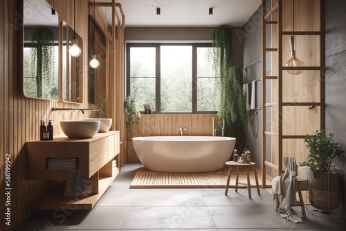 modern bathroom with a spacious tub, sleek sink, and large mirror. Generative AI