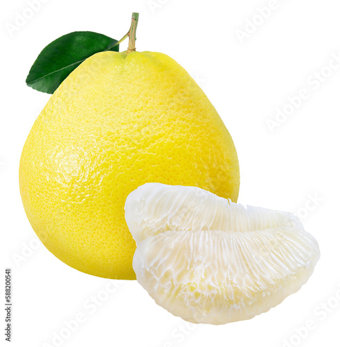 Yellow Pomelo Fruit with leaf or shaddock, Bali lemon, or  grapefruit on Isolate white background PNG bFile.