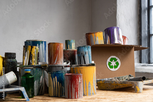 Paint Recycling. Empty Paint Cans Disposal. Paint Waste Management. Used oil-based enamel, lacquer, shellac and varnish