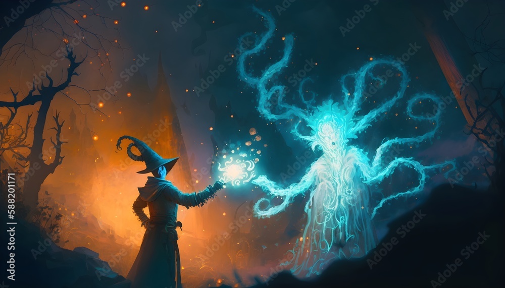 magician summoning ghostly demon, sorcerer casts a spell with his wand, Generative AI