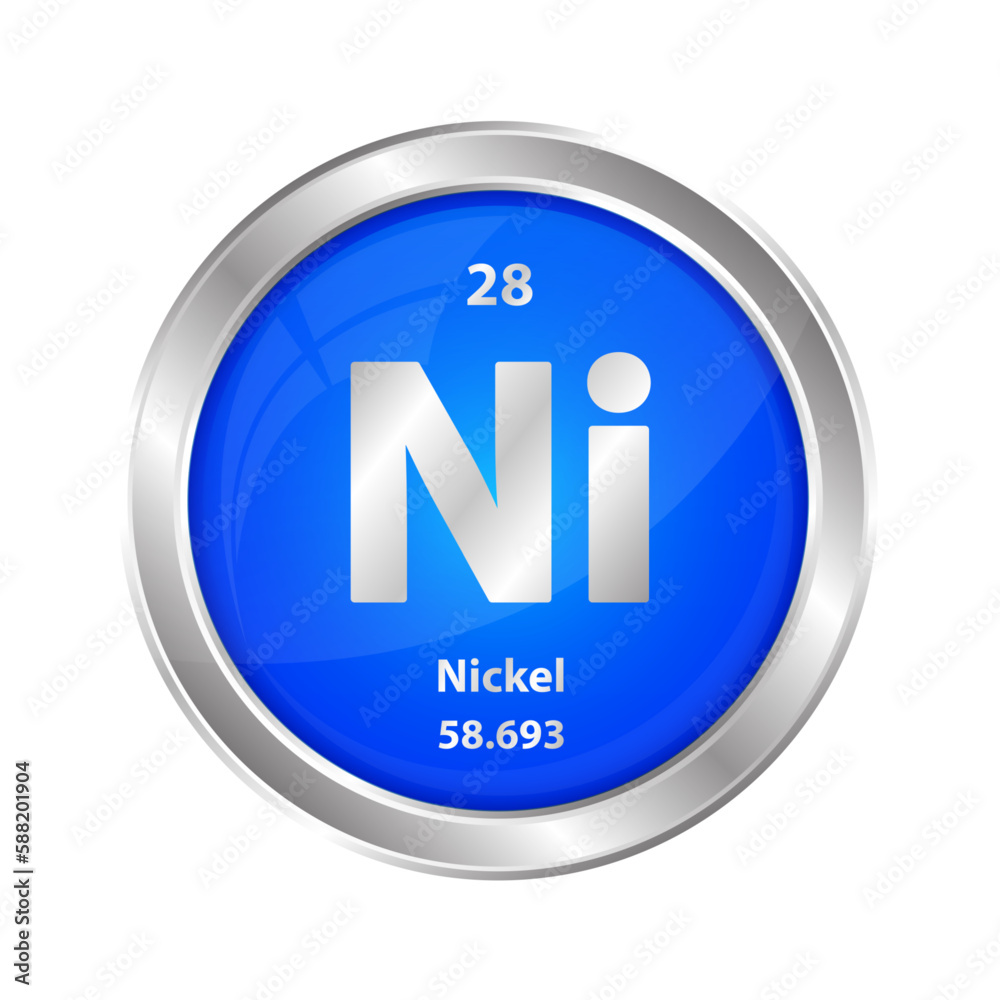 Icon structure Nickel (Ni) chemical element round shape circle blue. Chemical element of the periodic table. Sign with atomic number. Study in science for education. 3D vector illustration. Icon structure Nickel (Ni) chemical element round shape circle blue. Chemical element of the periodic table. Sign with atomic number. Study in science for education. 3D vector illustration.