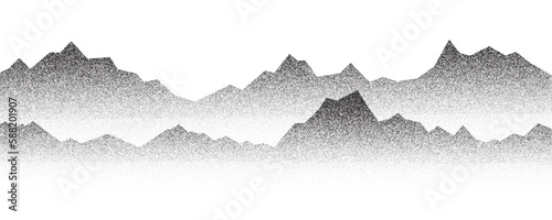 Dotted mountain gradient background. Noisy stippled grainy texture. Abstract rocks landscape with peaks with sand effect. Vector halftone fade illustration