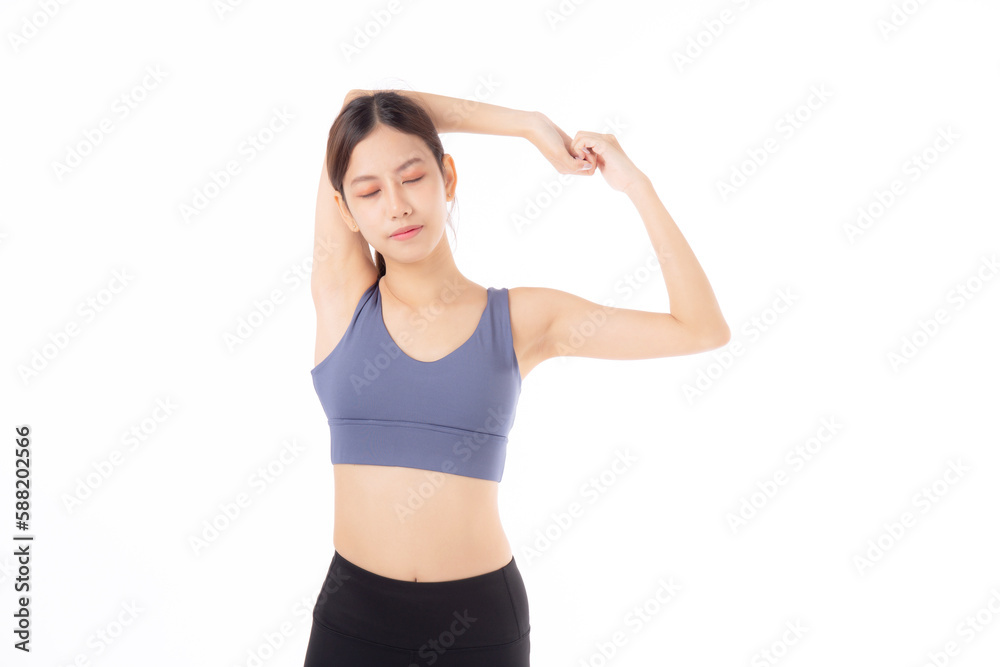 Portrait beautiful young asian woman stretching hands or arms for exercise yoga and relax isolated on white background, female workout training for muscle strong, sport and health care concept. Portrait beautiful young asian woman stretching hands or arms for exercise yoga and relax isolated on white background, female workout training for muscle strong, sport and health care concept.