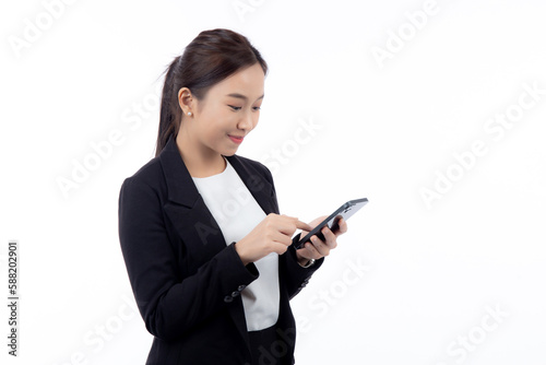 Portrait young asian businesswoman using smartphone isolated on white background, business woman standing and looking smart phone with confident, female using telephone, cut out, one person.