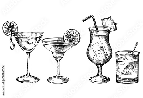 Vector hand drawn set of cocktails and alcohol drinks. Cocktail menu design background. Cocktail party. Sketch.