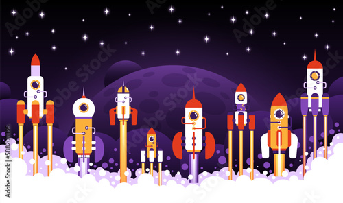 Rocket launches in space with planet, stars in background. Startup technology. Vector illustration