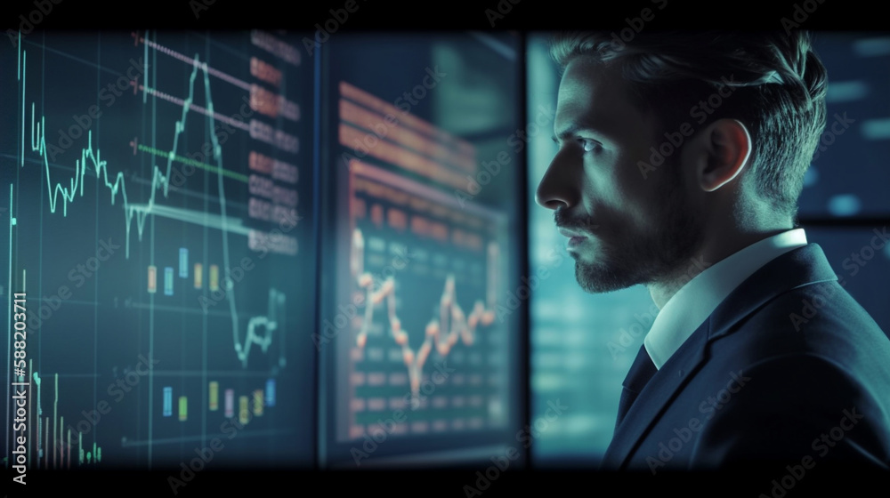 Generative Ai. Businessman Analyzing Investment Strategies Through Multiple Graphs on Screen Generative Ai. Businessman Analyzing Investment Strategies Through Multiple Graphs on Screen
