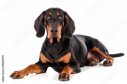 Black and Tan Coonhound dog isolated on white background. Generative AI