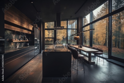 modern kitchen with a spacious window and a sleek countertop. Generative AI