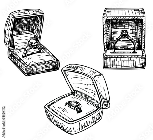 Engagement diamond golden rings in ring boxes sketch set. Wedding accessory or pleasant surprise. Different wedding jewelry rings in vintage engraved style. isolated on white background.