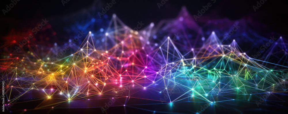 Spark like network grid. Network structure changing from moment to moment like an electric spark. Rainbow like colorful sparks or arcs forming a network. Generative AI. Spark like network grid. Network structure changing from moment to moment like an electric spark. Rainbow like colorful sparks or arcs forming a network. Generative AI.