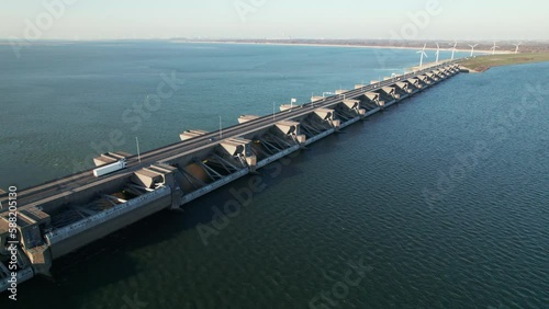 Fly Over The Haringvlietdam In Stellendam, The Netherlands. Aerial Drone Shot photo