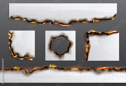 Realistic burnt paper edge with grid vector set. Burn effect with fire on page hole. Flame with ash on burned sheet isolated on transparent background. Scorched border on blank school notebook sheet.