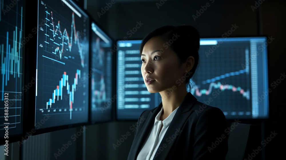 Generative Ai. Asian Businesswoman analyzing investment portfolio on computer screen with multiple graphs Generative Ai. Asian Businesswoman analyzing investment portfolio on computer screen with multiple graphs