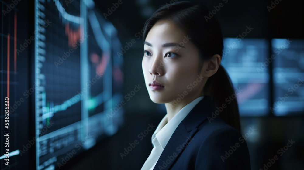 Generative Ai. Asian Businesswoman analyzing investment portfolio on computer screen with multiple graphs Generative Ai. Asian Businesswoman analyzing investment portfolio on computer screen with multiple graphs