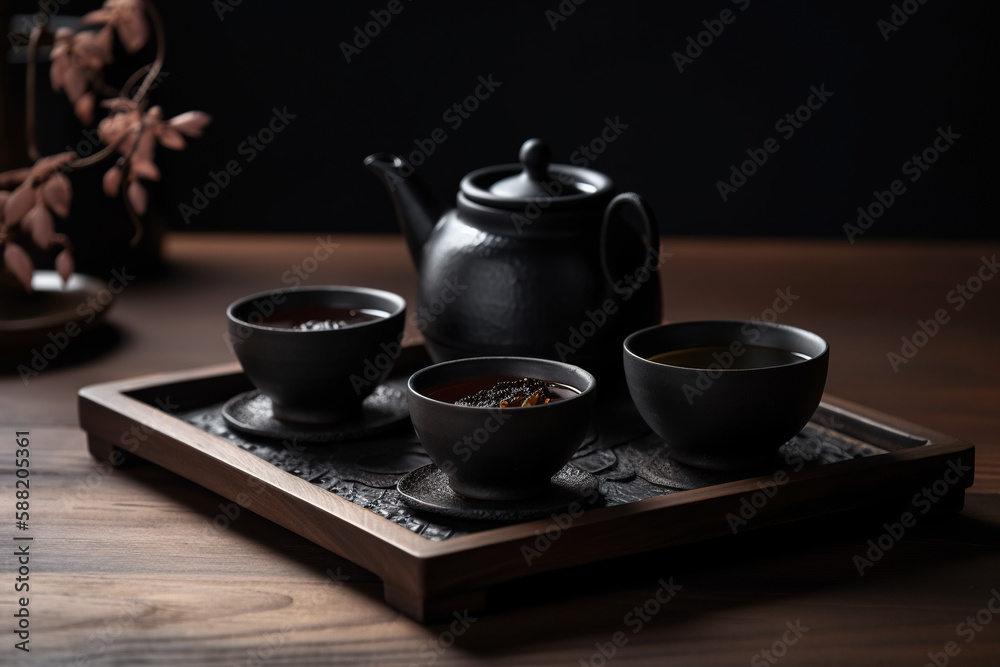 Japanese tea set on the wooden table, black background, close up. Generative AI