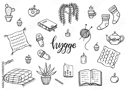 Set of hygge elements. Hand drawn vector illustration. Cozy things isolated on a white background.