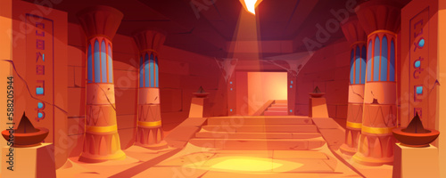 Abandoned Egypt corridor in castle with stairs cartoon vector background. Egyptian stone dungeon cave in palace with torch and staircase. Messy hallway in ancient museum with symmetry pillar.