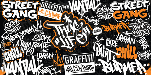 Graffiti background with throw-up and tagging hand-drawn style. Street art graffiti urban theme for prints, banners, and textiles in vector format.