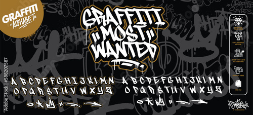 Street Art Modern Graffiti Alphabet. Vector font graffiti alphabet, cool decorative typography letters. Fully customizable colors