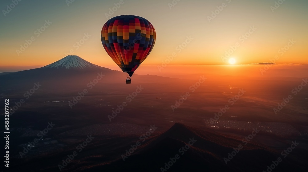 A colorful hot air balloon floating over Mt. Fuji