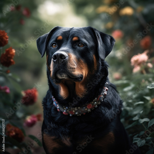 Rottweiler with a beautiful collar, relaxing, botanical garden. Generated by AI.