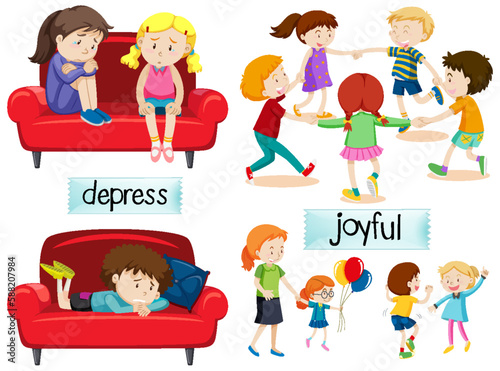English vocabulary adjective word with cartoon characters