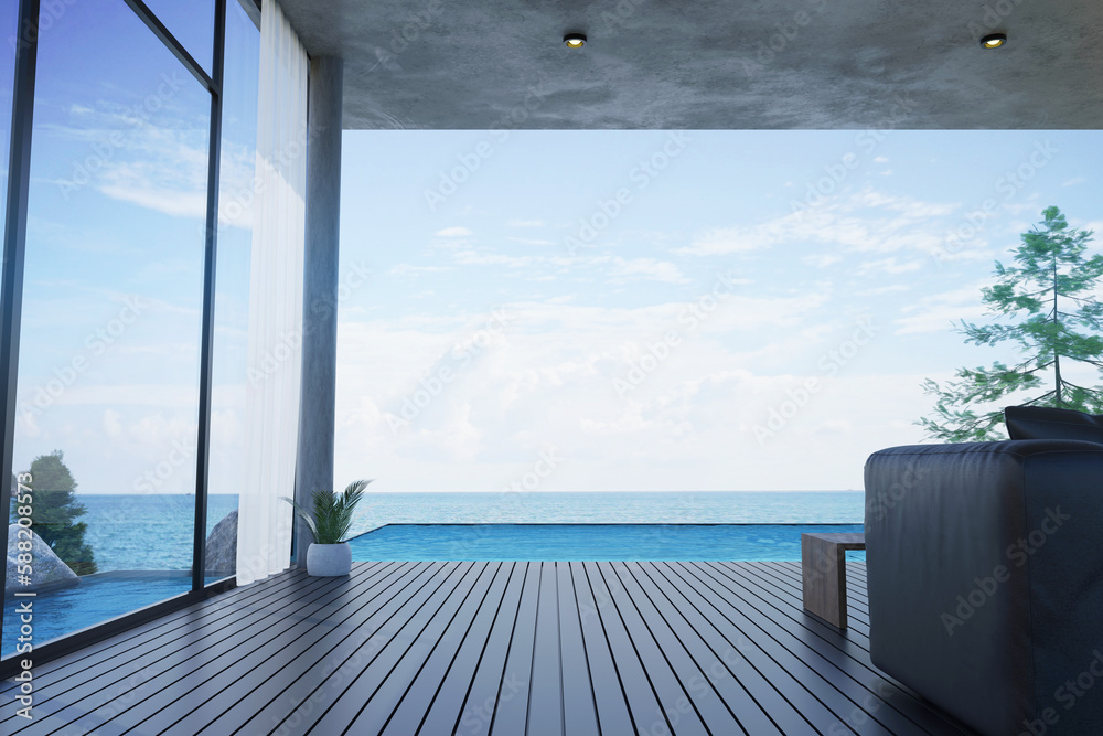 Fototapeta premium 3D Rendering : Illustration soft couch at wood deck outdoor rest area. pool villa high luxury seaview. blue sea and sky summer for relax with family. happy time. sun deck of resort. chill out summer.