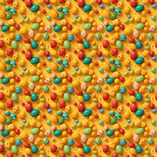 Easter seamless pattern. Colorful painted holiday eggs on a yellow background top view. Easter holiday, decorative flat lay. AI generative