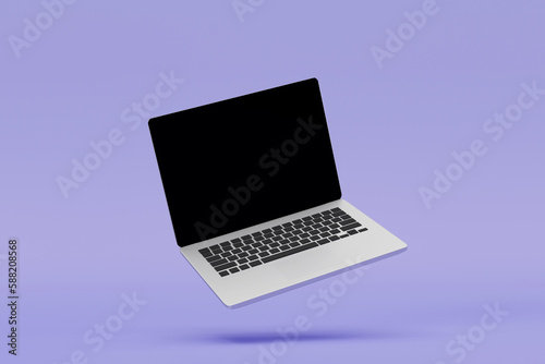 3D Rendering : Illustration of laptop notebook mock up with color background. float or levitate laptop. technology gadget for hipster background concept. high resolution