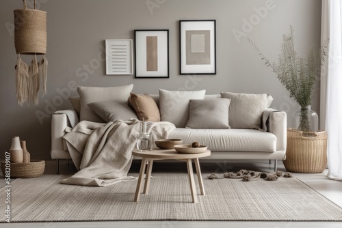cozy living room with modern furniture and wall decor. Generative AI © AkuAku