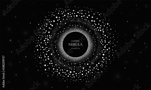 Round border frame with mystical cosmic starry sky background, circle frame with dot pattern. Galactic sky, black hole in space