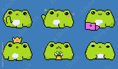 Set of cute pixel frog icons