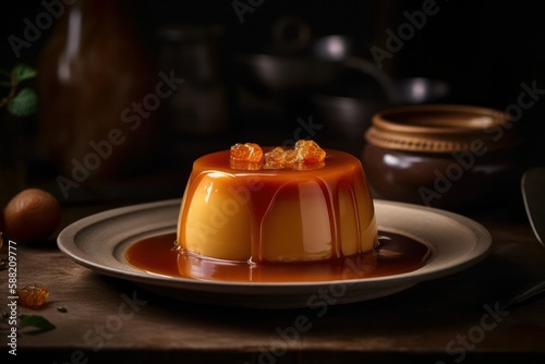 Illustration of a beautifully presented crème caramel on a plate created with generative ai technology