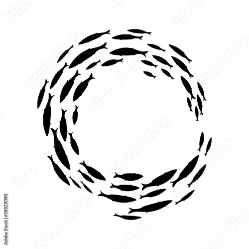 Circle shoal and fish school with swimming ocean and sea water fish groups. Vector silhouette of shoaling tuna, herring or snapper circle. Underwater wildlife round frame, tornado of shoaling cod