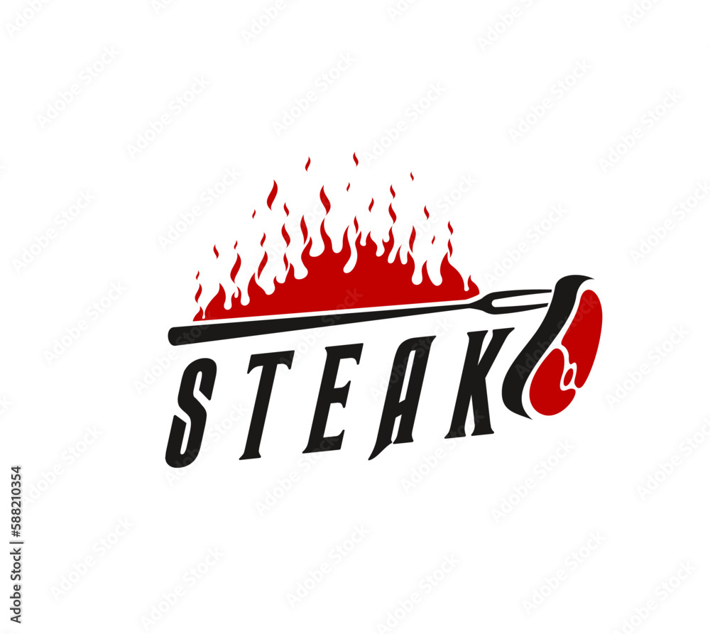 Bbq grill icon with steak hanging on fork and burning fire. Isolated ...