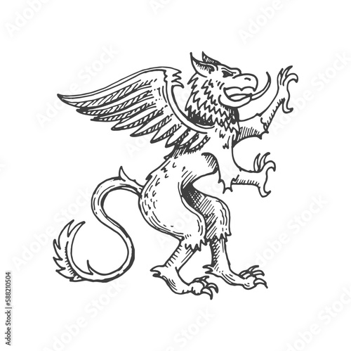 Griffin or gryphon medieval heraldic animal sketch. Legend griffin, fantasy creature or mythology beast royal etching vector emblem. Magic animal coat of arms, engraved medieval heraldic insignia