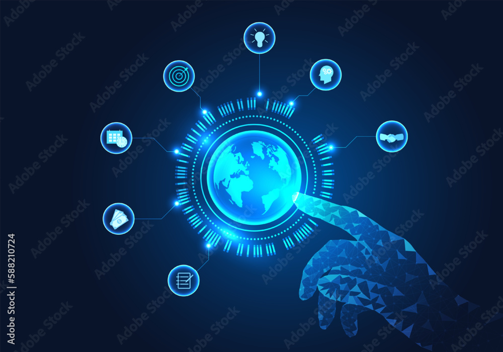 Businessman finger pointing at the globe with icon It means that business people work through smart technology systems. I wish the business to progress quickly. can lead the business Businessman finger pointing at the globe with icon It means that business people work through smart technology systems. I wish the business to progress quickly. can lead the business