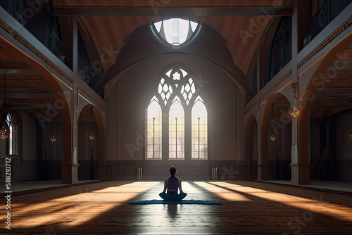 large yoga room with instructor, generated AI, generated, AI