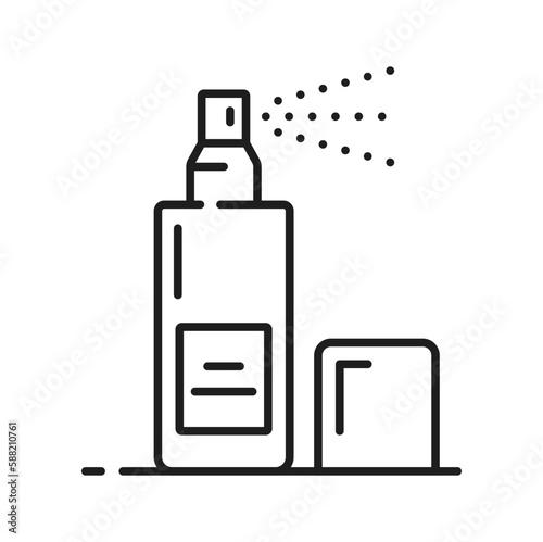 Spray bottle icon, cosmetic container for face and skin care, vector line pictogram. Sanitizer spray, facial wash cleanser or hair conditioner, serum or face micellar water moisturizer bottle icon