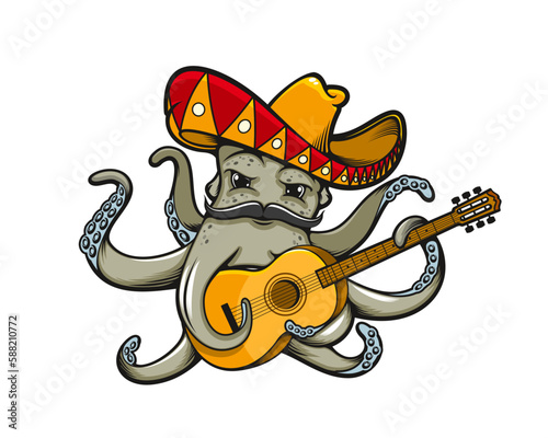 Cartoon octopus in mexican sombrero with guitar. Cute sea water animal vector personage of octopus mariachi musician with funny mustache playing vihuela music instrument, mexican fiesta festival