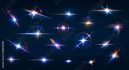 Sparkle flare and flash effects, glow lights. Vector set of shining stars or lens with rays. Warm and cold glowing twinkles at night sky or space. Flickering objects with beams and glint, glare