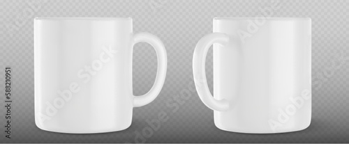 White cup mockup template design. 3d tea or coffee porcelain mug with handle vector mock up. Realistic side view office teacup illustration for corporate branding or advertising with reflection.