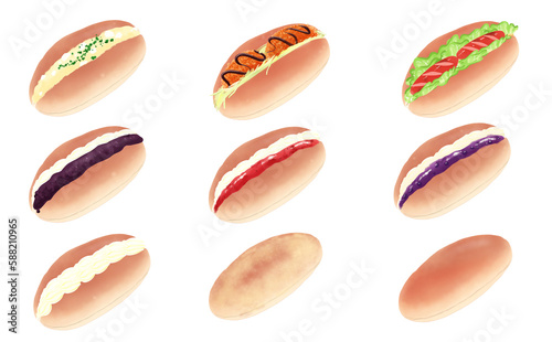 イラスト素材・コッペパン9種セット コロッケサンド 白背景 色違い・差分あり