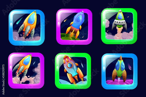 Cartoon space game app, spaceship and starcraft icons, galaxy adventure vector buttons. Space arcade game application icons for mobile app with spaceship rocket or starship in fantasy galaxy