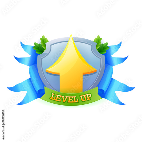 Game level up badge and win icon. Vector ui bonus label with golden arrow, blue award ribbons and laurel leaves. Medal for achievement, development reward, isolated cartoon trophy experience growth
