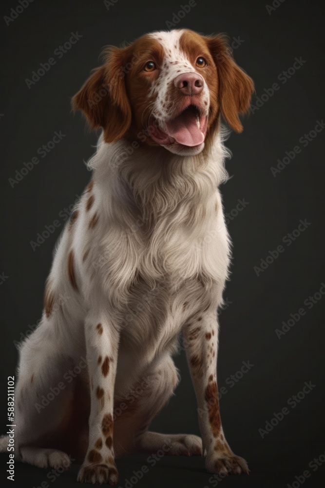 Photo of a beautiful Brittany dog sitting on a black photo backdrop created with Generative AI technology