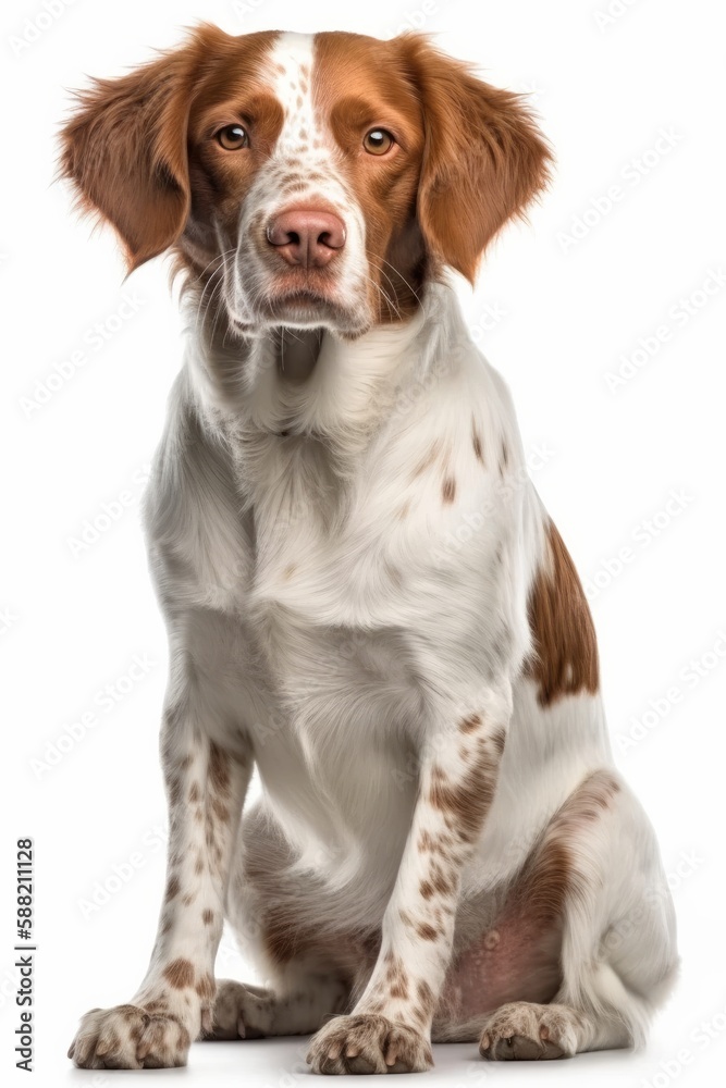 Photo of a beautiful Brittany dog sitting on a clean white backdrop created with Generative AI technology