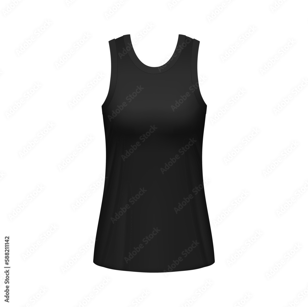 Black women tank top back view isolated 3d vector mockup. Blank clothes, sleeveless tshirt, singlet apparel. Realistic female garment, underwear clothing design, outfit object blank template Black women tank top back view isolated 3d vector mockup. Blank clothes, sleeveless tshirt, singlet apparel. Realistic female garment, underwear clothing design, outfit object blank template