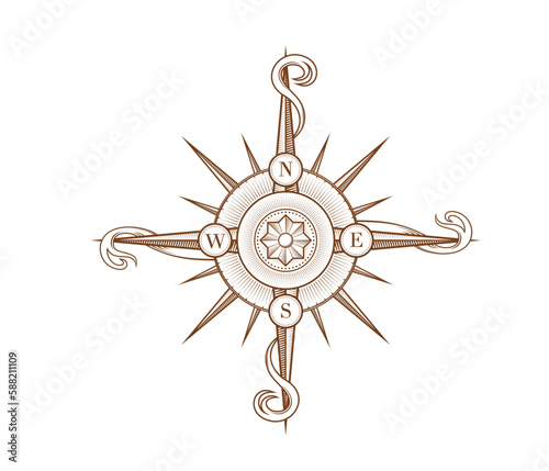 Vintage wind rose compass with Medieval antique ribbons, vector north star map. Vintage old travel wind rose icon with arrows for east and west, maritime nautical adventure and sail cartography symbol